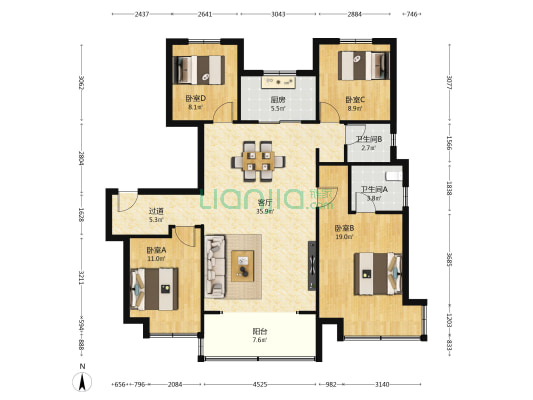 中梁明湖云璟 4室1厅2卫 143平方