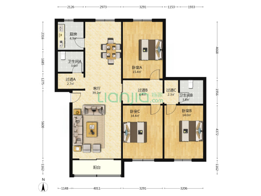 望波小区 3室1厅2卫 130平方