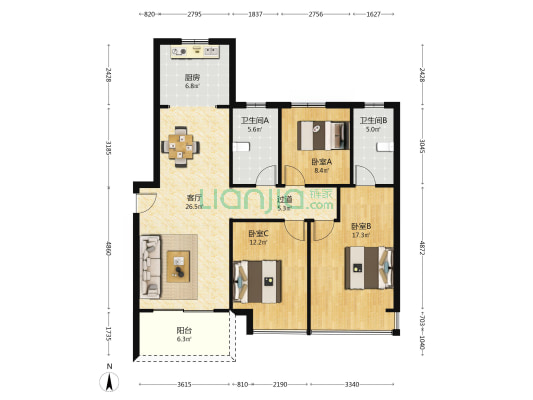 泰宏建业国际城13号院 3室1厅2卫 130平方