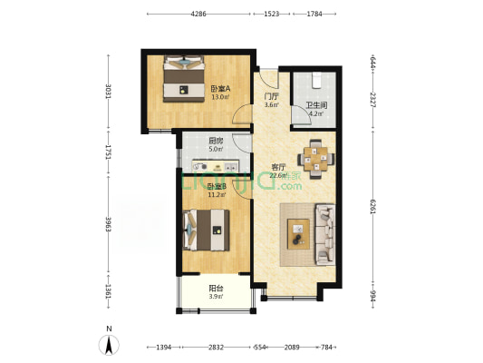 翰林华府 2室1厅1卫 91平方