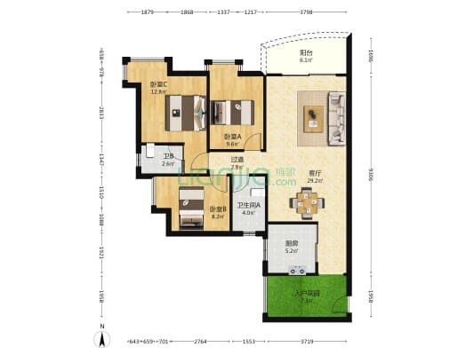 富丽嘉园 3室1厅2卫 102平方