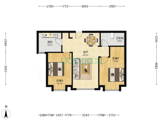 大名城紫金轩 2室1厅1卫 88平方