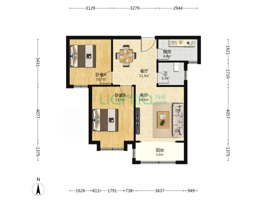润江正定壹號院 2室2厅1卫 90平方