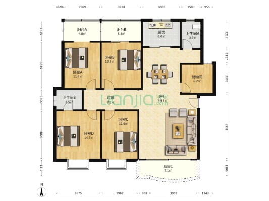 枫景园 4室1厅2卫 148平方