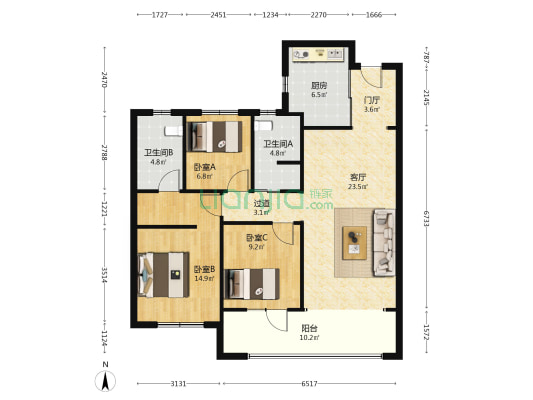 金地华章一期 3室1厅2卫 116平方