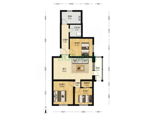 红松园3号院 3室1厅1卫 87平方