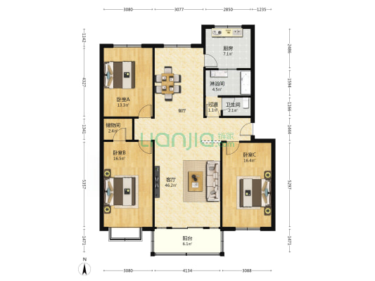 鑫源小区 3室1厅2卫 133平方