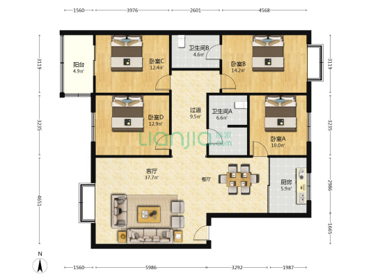 蓝馨苑小区 4室1厅2卫 143平方