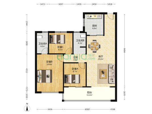 碧桂园新都荟西区 3室1厅2卫 121平方