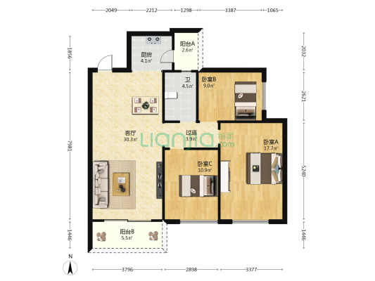 锦地翰城二期（A区） 3室1厅1卫 100平方