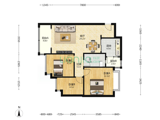 恒大滨河左岸二期 3室1厅1卫 97平方