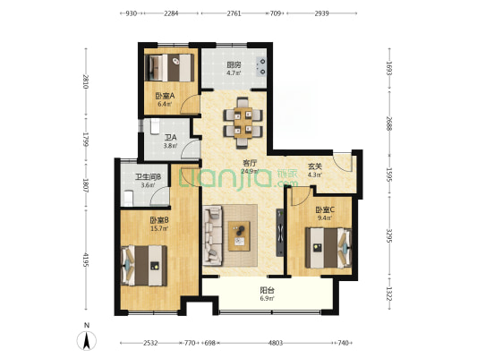 中梁观澜云璟 3室1厅2卫 114平方