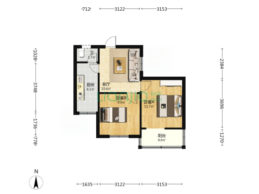 翠园村 2室1厅1卫 55平方