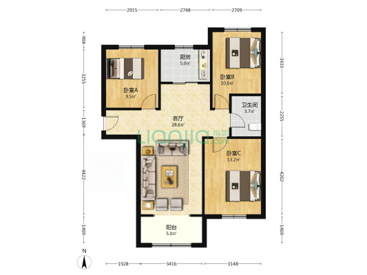 鹏渤印象城牛津花园 3室2厅 南 北-户型图