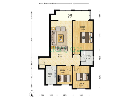 南湖月亮湾 3室1厅1卫 113平方