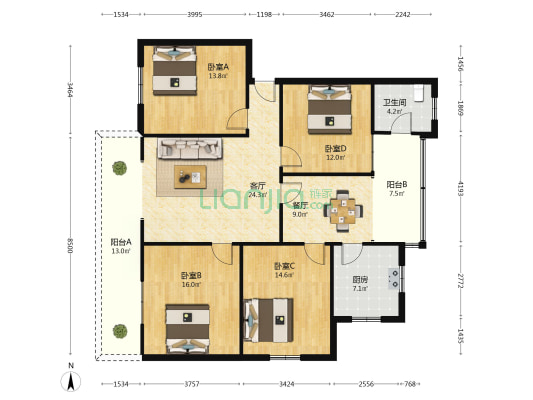 珠江东街 4室2厅1卫 136平方