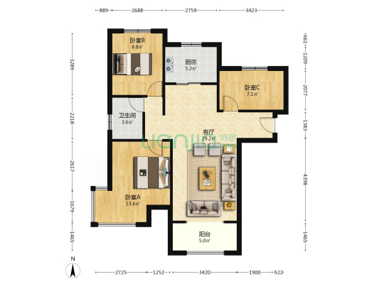 精装南北通三居.拎包入住.全天采光.税费低...-户型图