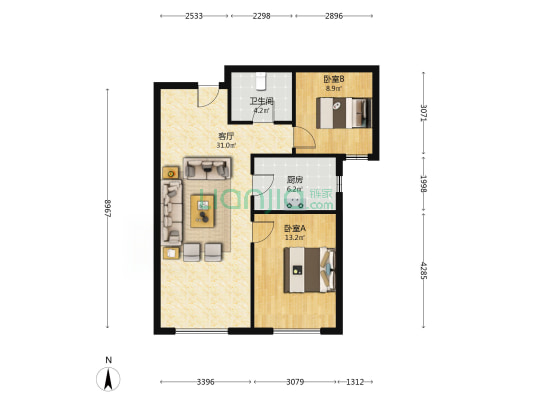 涿州东站 鸿坤理想湾，全阳大两居，自住精装修。-户型图