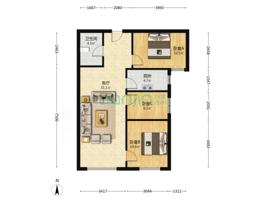 高铁新干线 3室1厅 南-户型图