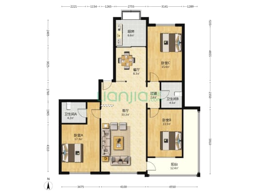 金海家园 3室2厅2卫 136平方