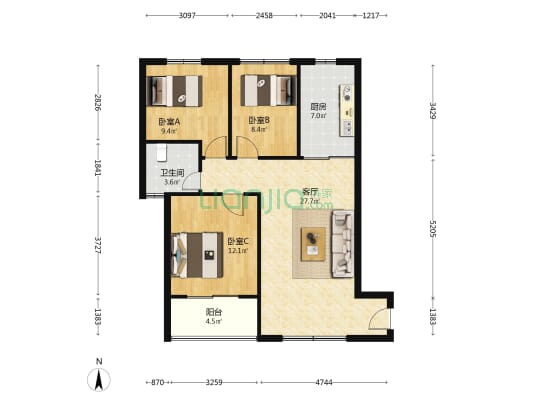 湘楚华庭 3室1厅1卫 95平方