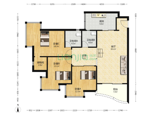 北泉小区 3室1厅2卫 130平方