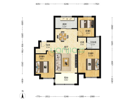 万科北宸之光A1曦园 3室1厅1卫 101平方
