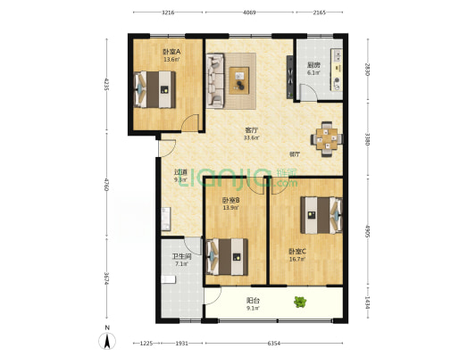 红旗小区A区 3室1厅1卫 131平方