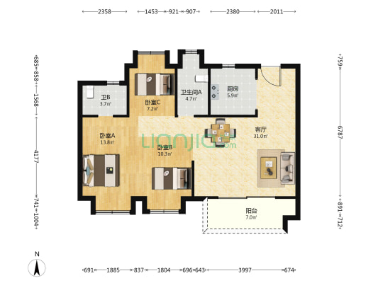 联投悦西湖 3室1厅2卫 100平方