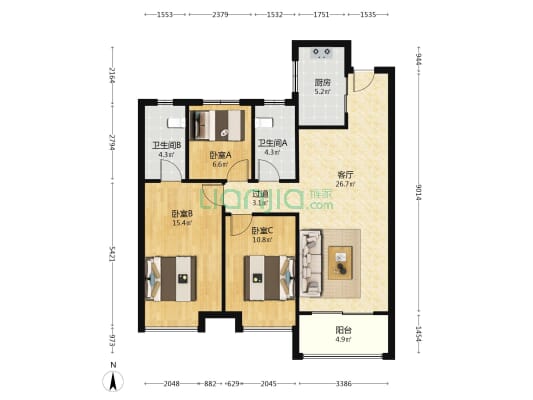 高铁吾悦广场 3室1厅2卫 110平方