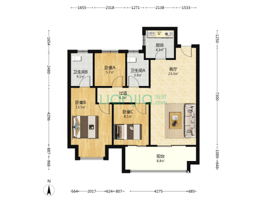 华润昆仑御 3室1厅2卫 96平方