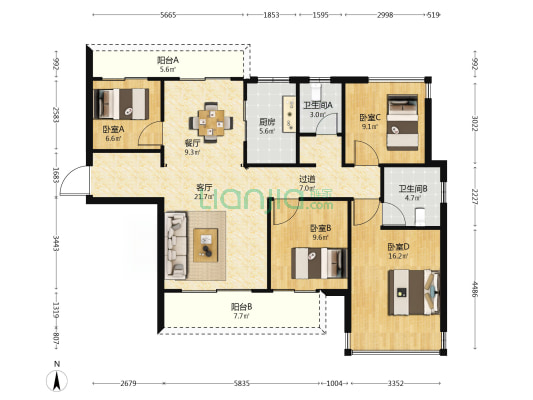 绿地滇池国际健康城长滩 4室2厅2卫 139平方
