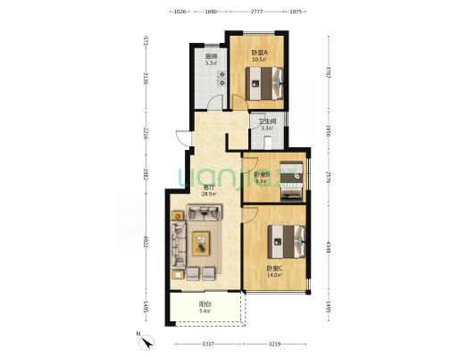 绿地滇池国际健康城山澜苑 3室1厅1卫 89平方