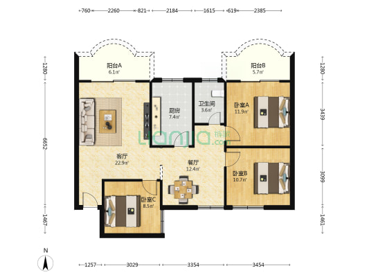 鼎鹿港湾 3室2厅1卫 103平方