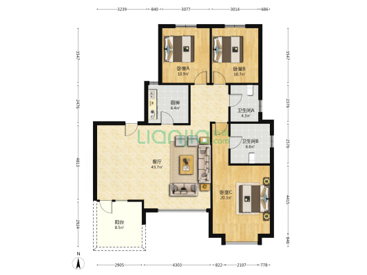 一梯两户洋房，采光好，户型方正，精装修-户型图