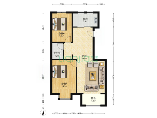 南北通透，一梯两户，采光好，楼层好-户型图