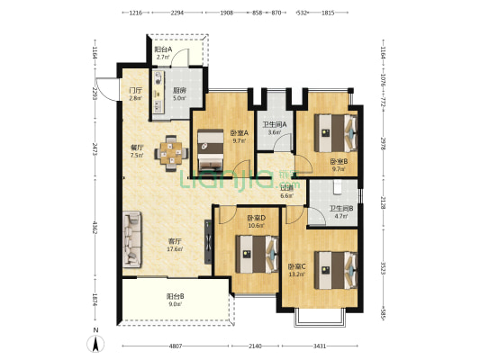 中铁芙蓉1891 4室2厅2卫 127平方