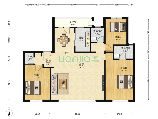 中粮奥体壹号二期 3室1厅3卫 142平方