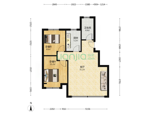 天津万达自在澜湾 2室1厅1卫 81平方