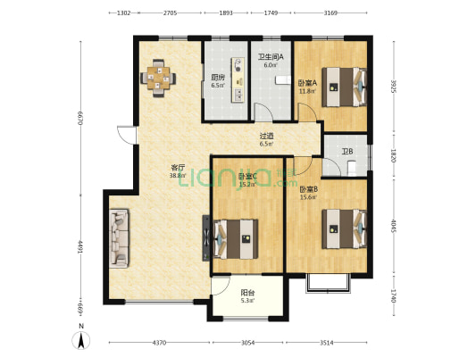 置地阳光花园 3室1厅2卫 136平方