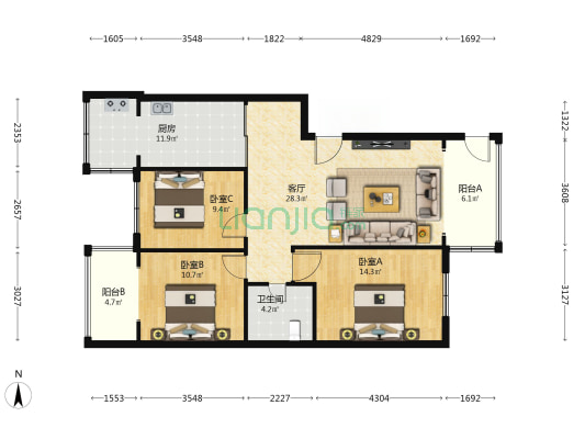 华西苑(成华) 3室1厅1卫 110平方