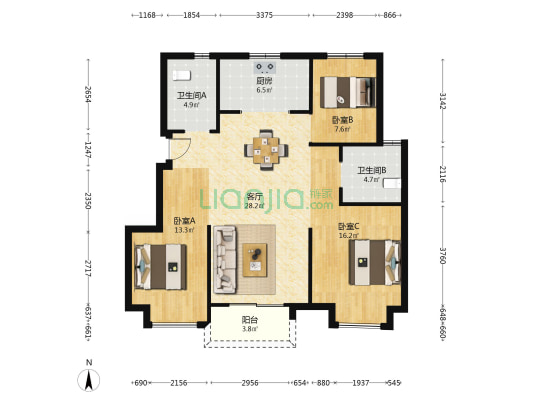 城东宝龙广场 3室1厅2卫 106平方