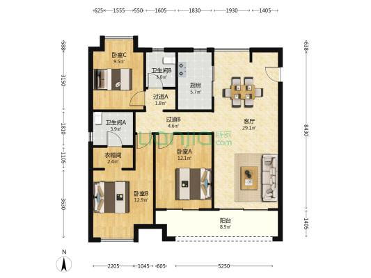 莫奈公馆B区 3室1厅2卫 120平方