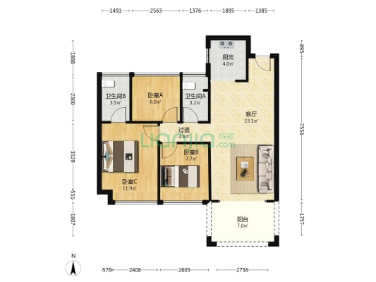 力标·添龙湾 3室1厅2卫 84平方