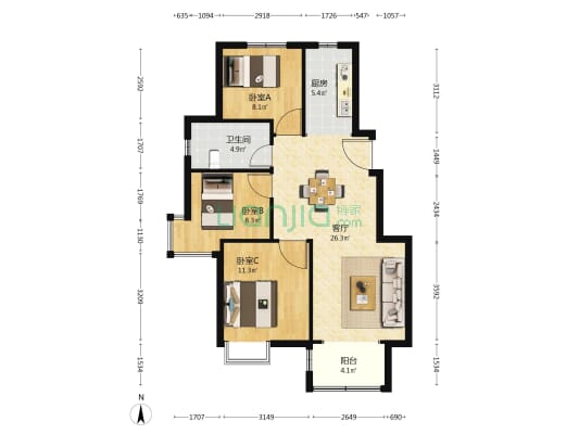 中海铂悦公馆 3室1厅1卫 89平方