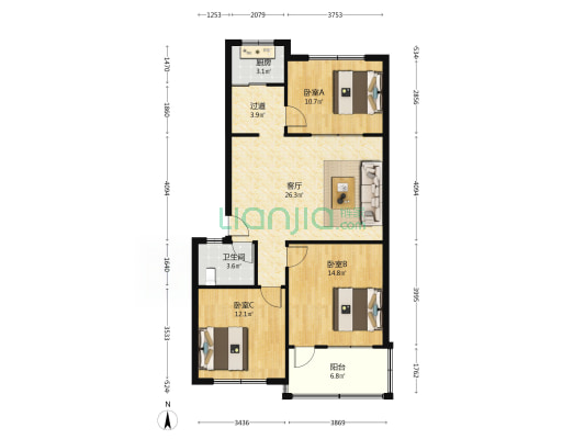 莱商银行宿舍 3室1厅1卫 97平方