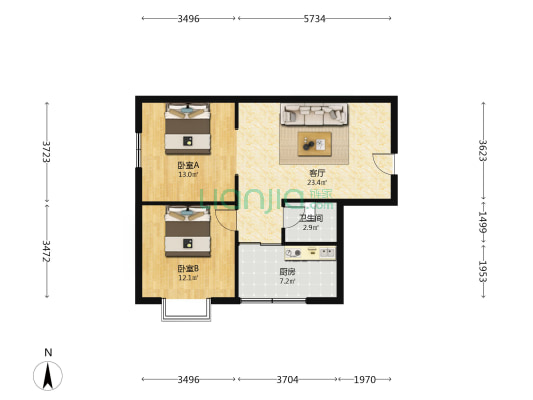 天保郦景 2室1厅 南-户型图