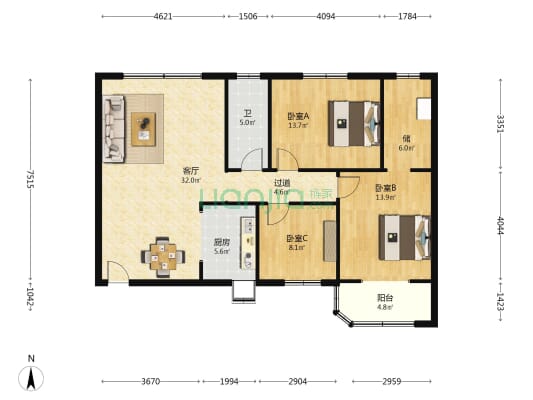 稻田园 3室1厅1卫 116平方