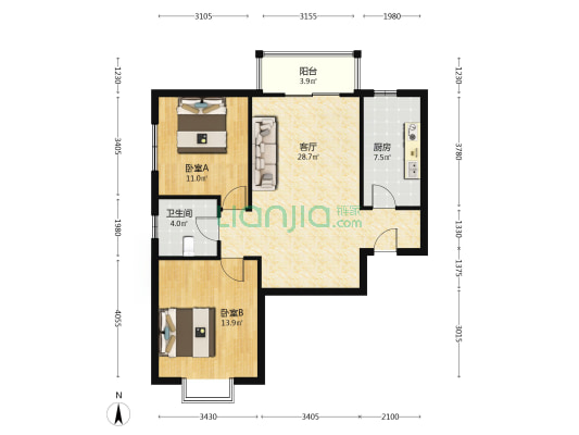 南北大两居，视野好，采光好，可自主装修-户型图