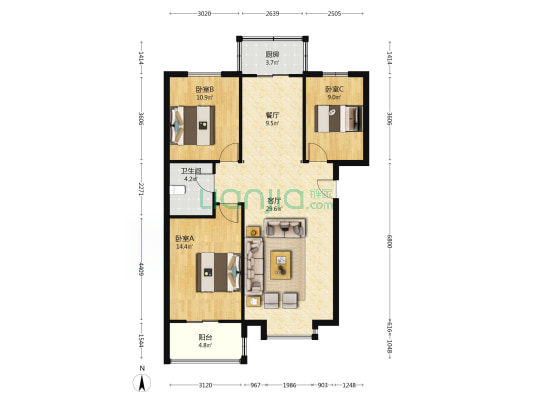中间楼层 南北通透三局 精装满五-户型图